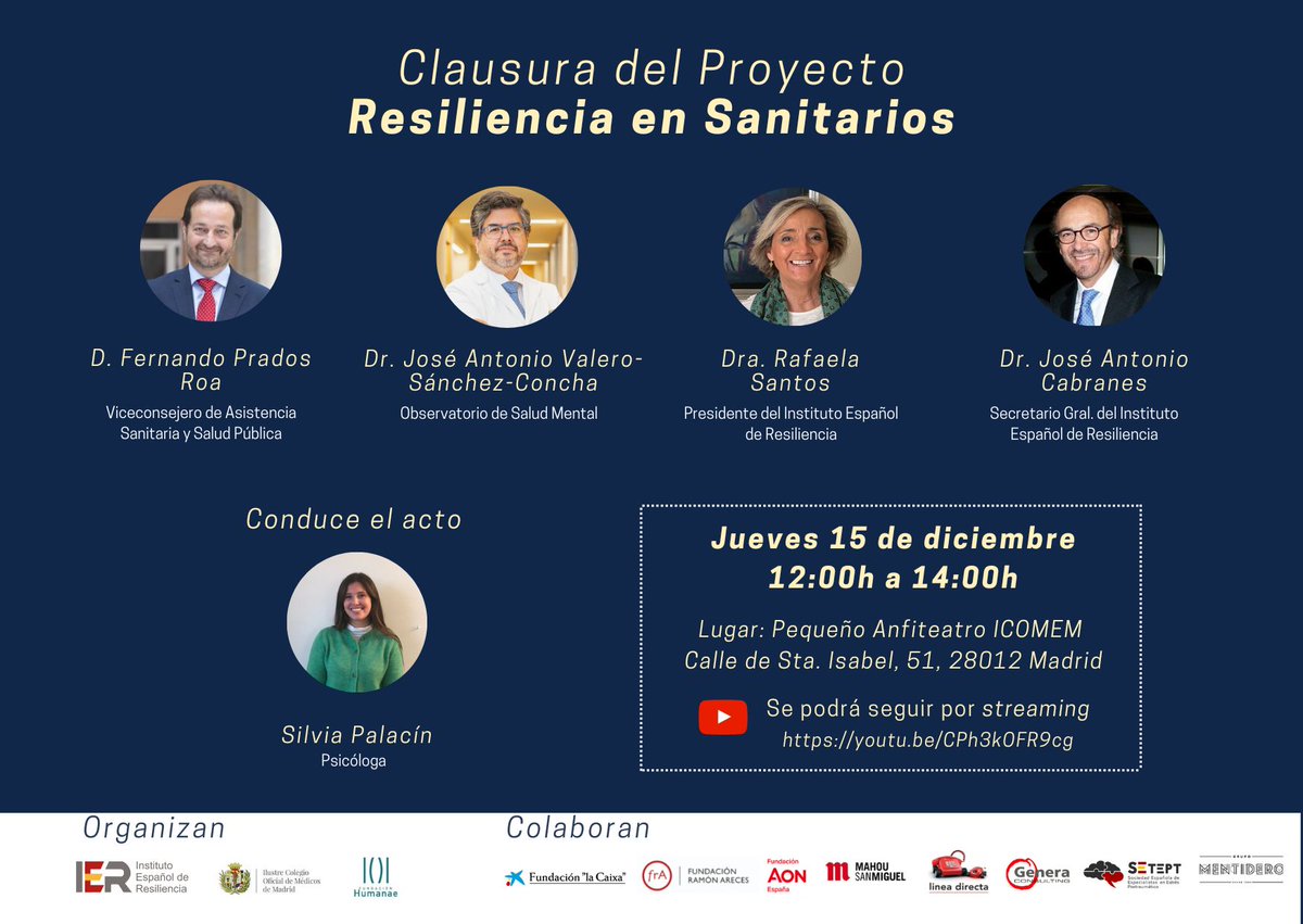 Hemos atendido personalmente a 276 sanitarios ayudándolos a transformar su #FatigaPandémica en #Resiliencia y cerraremos este ciclo mañana.
Únete a un último aplauso, presencial o streaming youtu.be/CPh3kOFR9cg con la canción “Resistiré”
<a href="/Icomem_Oficial/">ICOMEM</a> <a href="/F_Humanae/">Fundación Humanae</a> <a href="/sanidadgob/">Ministerio de Sanidad</a>
