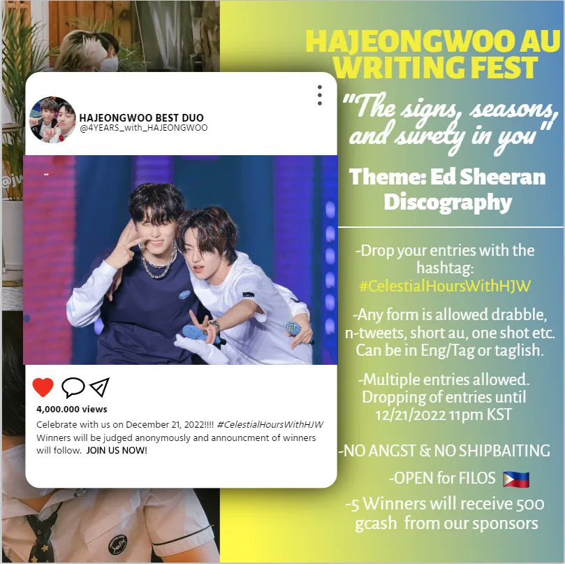 hjwuniverse's tweet photo. Calling the attention of our talented writers out there! 💛💙

Join us as we celebrate HJW’s friendship day by dropping your au entry on Dec 20, 2022, 11PM KST. Use our au hashtag #CelestialHoursWithHJW and get a chance to win prizes. See you there!

Check photo for more details. https://t.co/49ZTOGR7yA