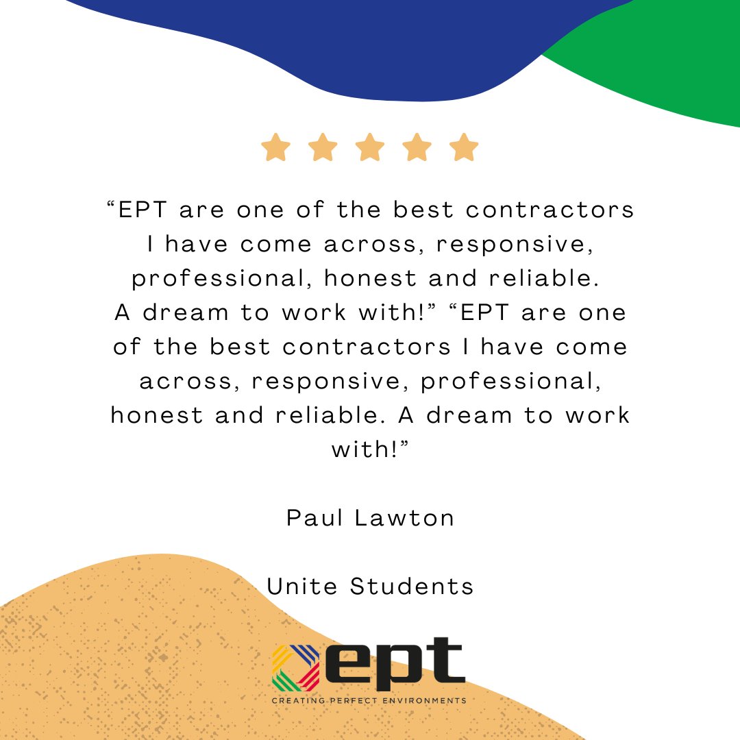 EPT_Ltd's tweet image. “EPT are one of the best contractors I have come across, responsive, professional, honest and reliable. A dream to work with!”​

Paul Lawton​

Unite Students​
​
 0800 783 1053​
  
#ept  #eptech #airconditioning #ventilationsystems #engineer #contractors