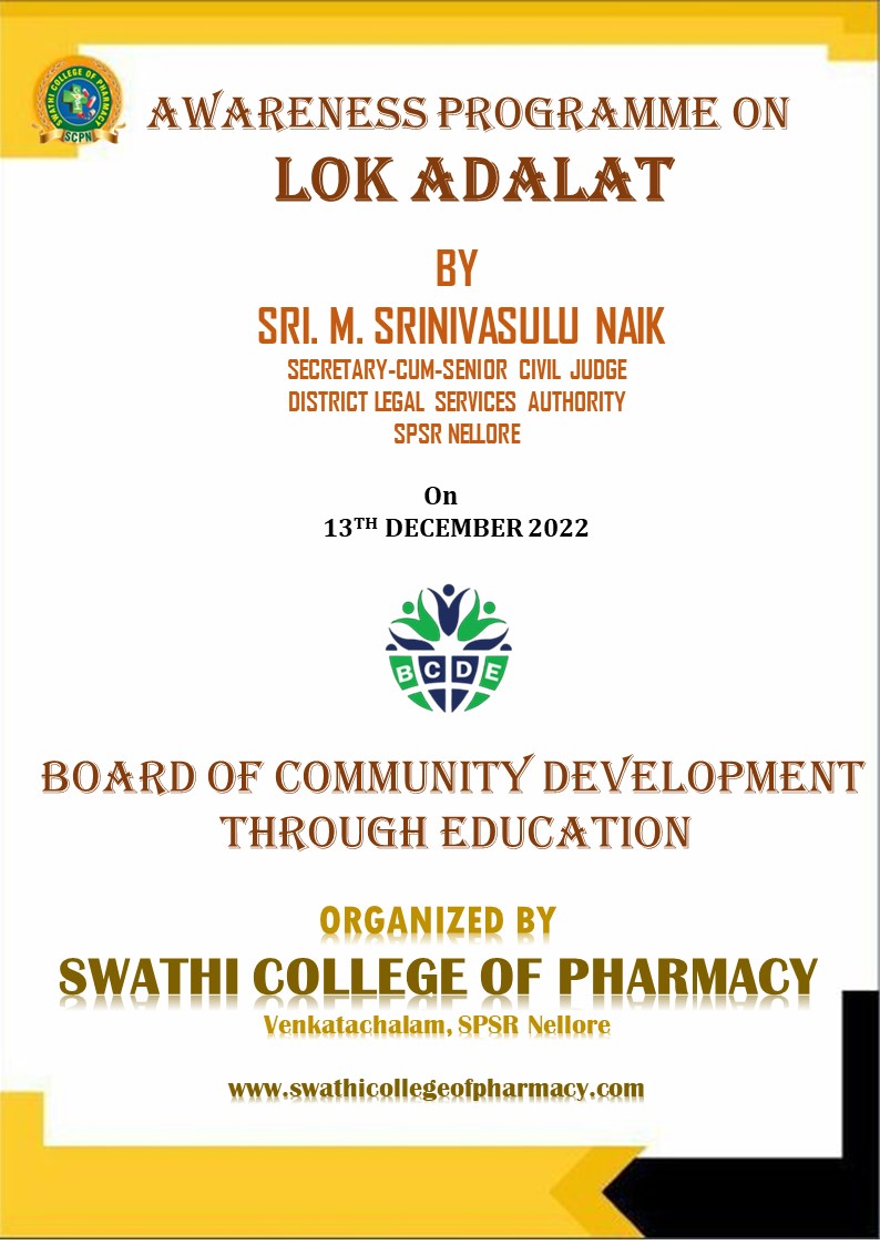 academicsswathi's tweet photo. BOARD OF COMMUNITY DEVELOPMENT THROUGH EDUCATION OF SCPN HAS ORGANISED THE "AWARENESS PROGRAMME ON LOK ADALAT". THE SESSION WAS DELIVERED BY SRI. M. SRINIVASULU NAIK, SECRETARY-CUM-SENIOR CIVIL JUDGE, DISTRICT LEGAL SERVICES AUTHORITY, SPSR NELLORE
#swathicollegeofpharmacy, #bcde https://t.co/fXvHPEbgly