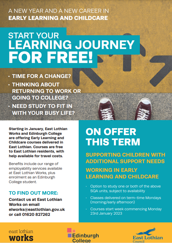 We’re delighted to announce that Skills for Work is returning to in-venue delivery. This is a supportive step back into vocational learning for adults in East Lothian, especially those considering a career in Early Learning and Childcare or in school settings.