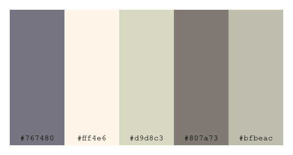 ColPaletteBot's tweet photo. Beep beep, here's a pretty color palette for you! 

color-scheme.js parameters used: 
- hue: 263
- variation: pale
- colors: #767480, #fff4e6, #d9d8c3, #807a73, #bfbeac

Have a lovely day!

#twitterbot #colorpalette #colors #palette #prettycolors https://t.co/o2ZVvxVaFG