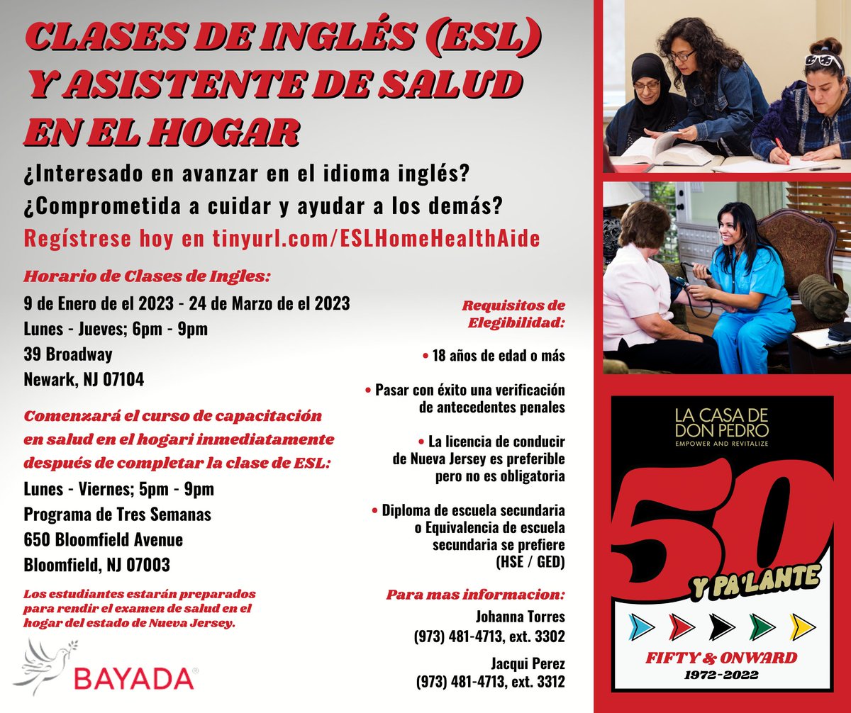 We are happy to announce the return of our ESL + Home Health Aide training program with <a href="/BAYADAHHC/">BAYADA Home Health Care</a>. If you want to learn English and have a passion for helping others, this is the program for you! Register today at tinyurl.com/ESLHomeHealthA….