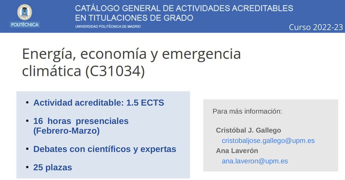 ¿Quieres cursar en el 2º semestre la actividad acreditable "Energía, economía y emergencia climática"?
¡Ya puedes inscribirte!
✔️ 25 plazas
✔️ Para cualquier alumno <a href="/La_UPM/">Universidad Politécnica de Madrid</a>
✔️ 1,5 ECTS
✔️ Presencial en #ETSIAE
<a href="/eelisa_eu/">EELISA European University Alliance</a> <a href="/DelegacionAero/">Delegación de Alumnos de la ETSIAE</a> @cristobal_wind 
ℹ️ blogs.upm.es/actividadesacr…