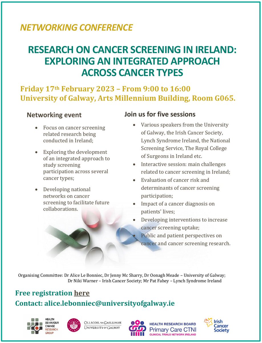 Join us for our networking conference about research on cancer screening in Ireland! Event planned on February 17th at the University of Galway. Free registration here: eventbrite.fr/e/networking-c… <a href="/JenMcSharry/">Jenny Mc Sharry</a> <a href="/oonaghmeade/">Oonagh Meade</a> <a href="/Lynchsyndromirl/">lynch syndrome irl @lsireland.bsky.social</a> <a href="/warner_niki/">Niki Warner</a> <a href="/hbcrg/">HealthBehaviourUniversityofGalway</a> <a href="/IrishCancerSoc/">Irish Cancer Society</a>