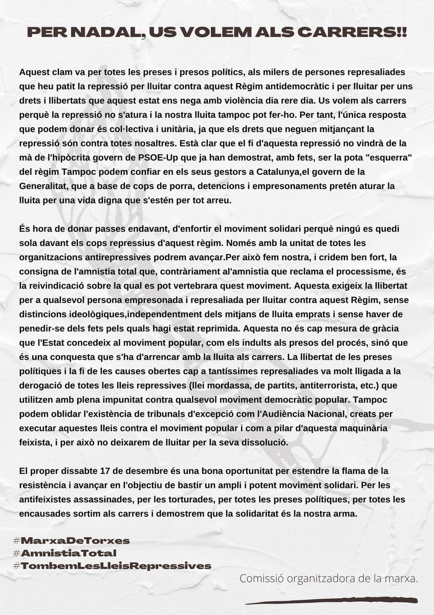 🔥 No t'has adherit a la #MarxaDeTorxes d'aquest any?

📄 Llegeix el manifest, fes difusió i participa de la gran jornada solidària!

⤵️⤵️⤵️