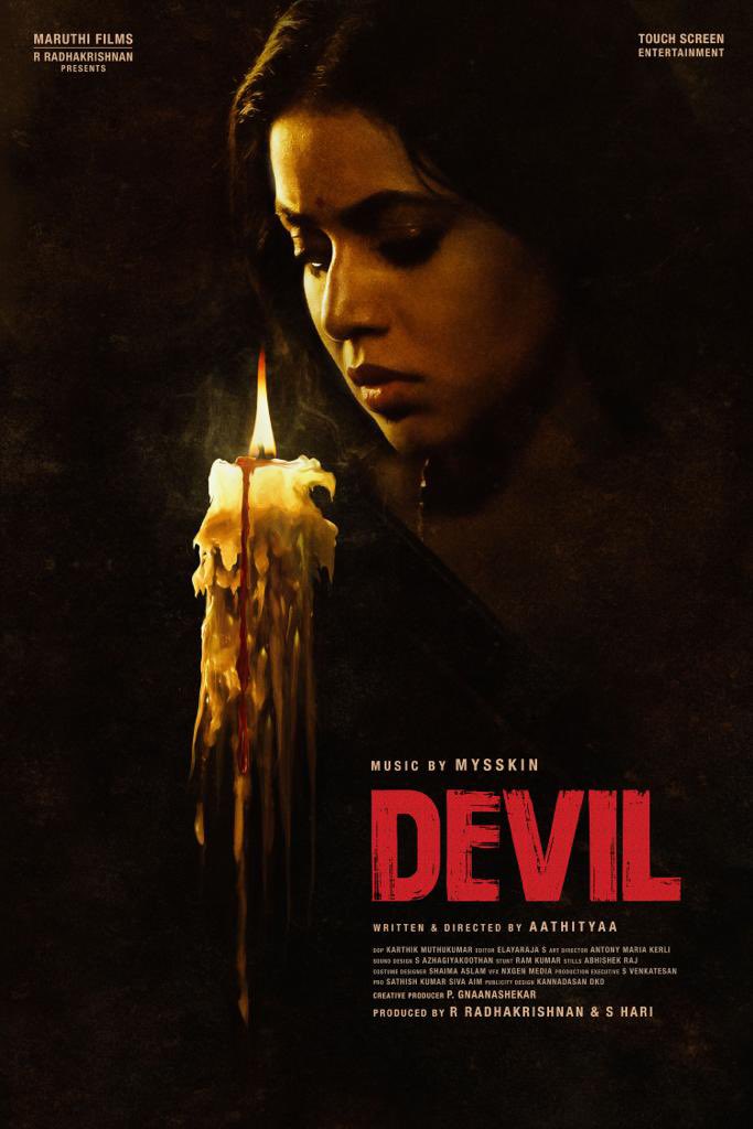 Happy to release the first poster of #Devil. @DirectorMysskin @Aathityaa3 @shamna_kkasim @vidaarth_actor @Thrigun_Aactor @karthikmuthu14 @EditorElayaraja @KerliAntony @shaima_aslam @prosathish #maruthiLtd #touch__screen #subhashreeRayaguru