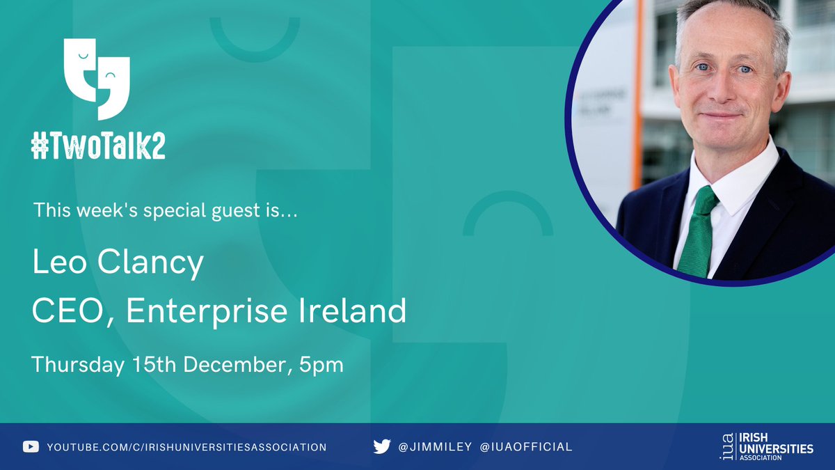 IUAofficial's tweet photo. 🎦In our final #TwoTalk2 interview, we hear from CEO @Entirl @leo_clancy about entrepreneurial careers, research & development in business and the critical role of the high-skills talent pipeline from Irish Universities.
Join us tomorrow at 5pm! @JimMiley https://t.co/qZaojmQRKP