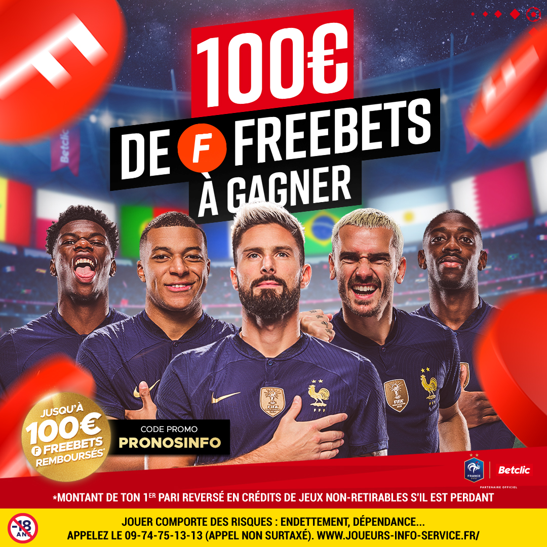 Paul_Ghielmi's tweet image. 🎁CONCOURS🎁
Donnez le score de France - Maroc (hors prolong)
🤩5 x 20€ de freebets à gagner

👉RT + ❤️ ce tweet
👉Follow @Paul_Ghielmi &amp;amp; @Betclic 

💭Si pas encore de compte, inscription avec code promo PRONOSINFO : bit.ly/3j16Kx3

🗓TAS si besoin
🍀GL &amp;amp; merci Betclic!