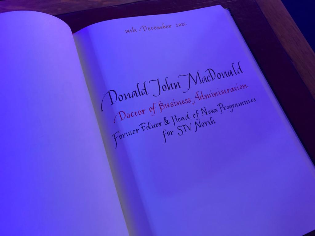 Today <a href="/DJMacDSTV/">Donald J MacDonald</a> and his family are very much in our thoughts as <a href="/RobertGordonUni/">Robert Gordon University (RGU)</a> posthumously honour his legacy.
Mòran taing.