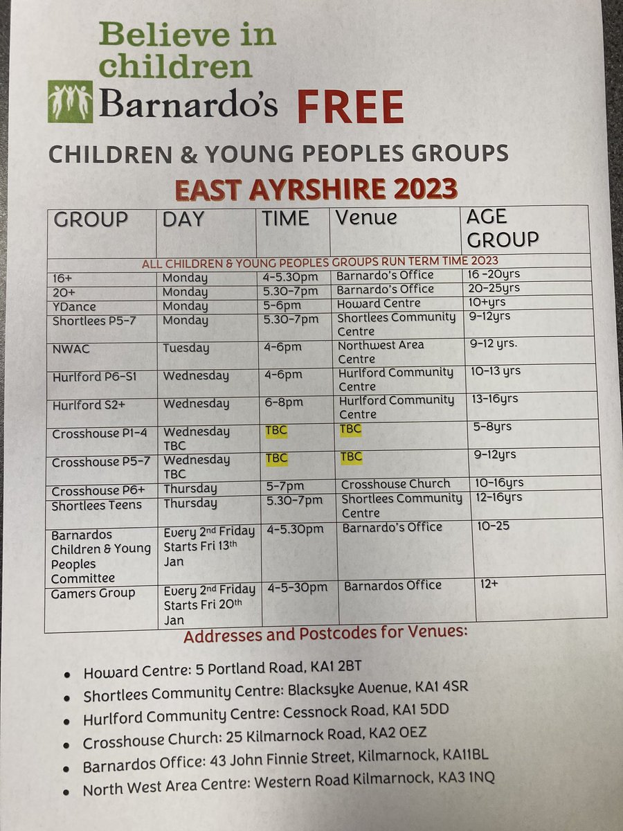 Dates for your diary for 2023 youth groups! 🤩 

Simply turn up on the night at your chosen venue, or feel free to contact barnardos office on 01563 530646 📱