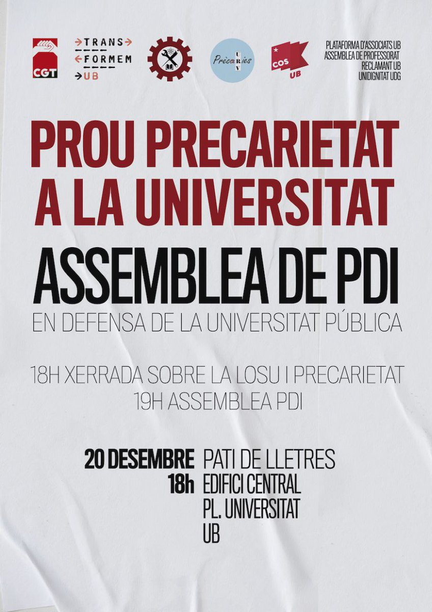 Bon dia!!!!
Volem les nostres places! No ens aturarem!
20 de desembre
-18.00 XERRADA: precarietat laboral i LOSU. 
-19.00 GRAN ASSEMBLEA DE PDI de les Universitats Cat. 
Edifici central UB. Pati de Lletres
NO HI FALTIS!