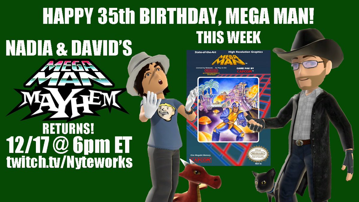 themmnetwork's tweet photo. I've got a few things planned for the big day this Saturday, and one of them?

The return of Nadia &amp; David's Mega Man Mayhem! We're going to play through every Mega Man game we can stream, one by one, starting this Saturday at 6pm EST on Twitch!

https://t.co/OCbBFPGpIX 1/ https://t.co/rc1rfrtF7Q