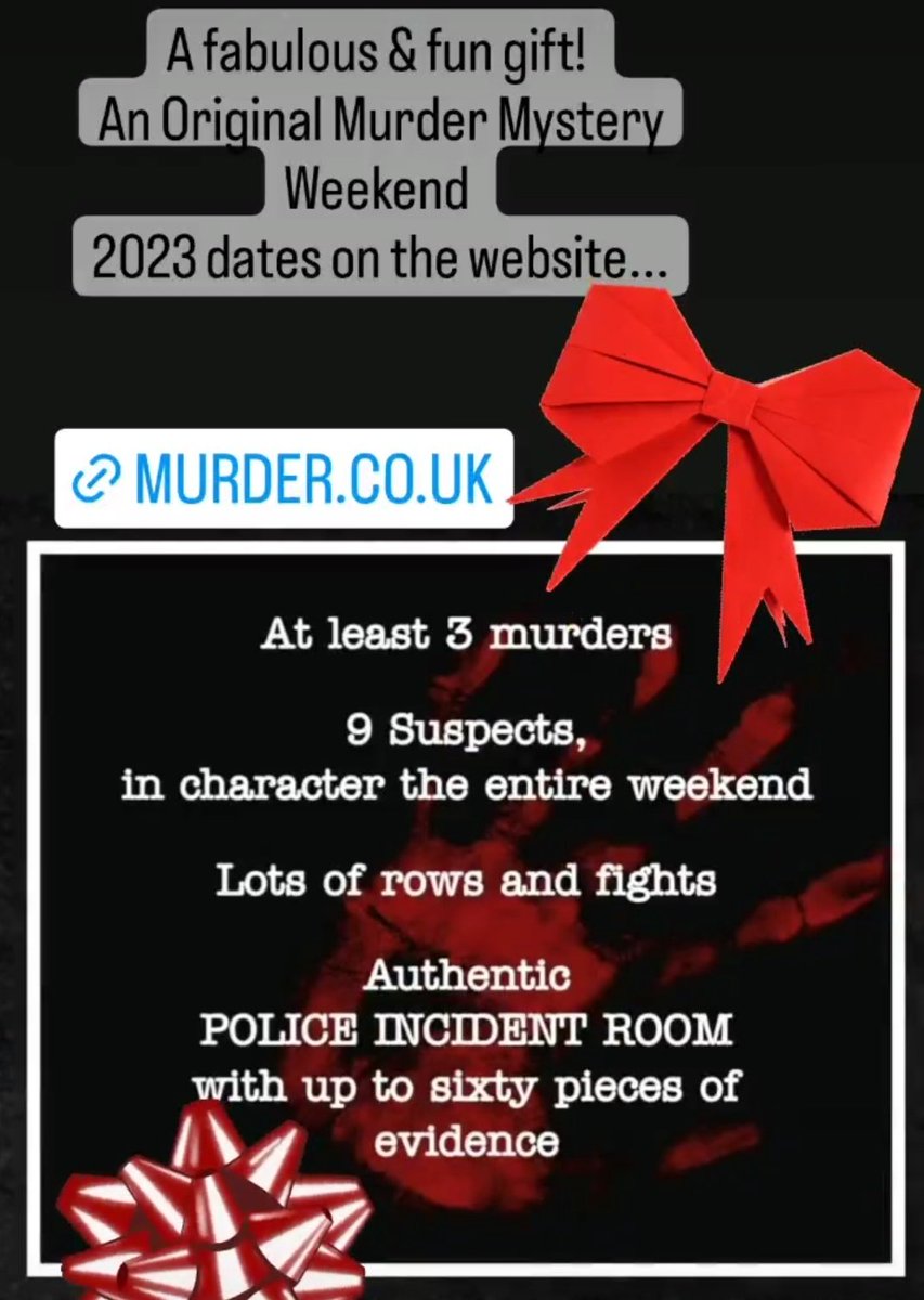 JoyMurderWkds's tweet photo. A fabulous fun gift! 
An Original Murder Mystery Weekend...2023 dates on the website now! 
https://t.co/mUif4nYikG 
#giftideas #holidaygiftguide #giftguide #christmasgift #gifts #presents #murdermystery #MurderWeekends #ukbreak #murdermysteryweekend https://t.co/vFlX5q1nqP