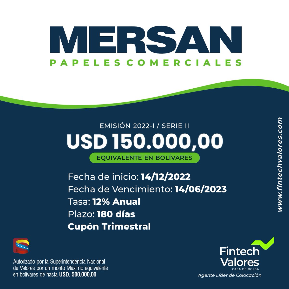 Gran oportunidad de Inversión que ofrece esta nueva emisión de MERSAN con un rendimiento de 12% anual

👉Ponte en contacto con nuestros ejecutivos al wa.me/584144385285