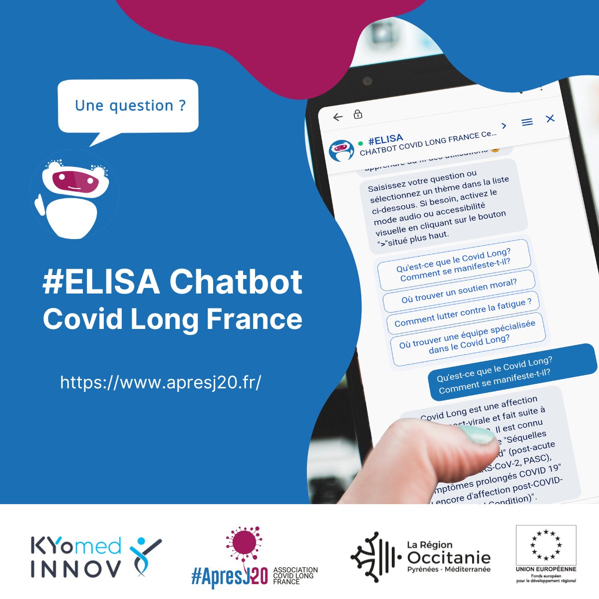 🔴📢Concerné(e) de près ou de loin par le #CovidLong ? 

Découvrez le 1er Chatbot 🇫🇷 #ELISA avec #IA créé en collaboration avec <a href="/KYomedINNOV/">KYomed INNOV</a>, des patients, médecins, chercheurs et l’<a href="/ARSPaca/">ARS Paca</a> pour aider à mieux comprendre cette pathologie 
👉 bit.ly/3VVb2Hd
#apresJ20 🧵⬇️