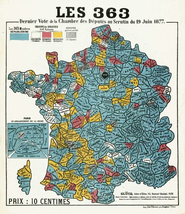 jaimelescartes's tweet photo. Les 363 / Dernier vote de la Chambre des Députés au Scrutin du 19 juin 1877 
#france #funwithmaps #mapdesign #mapping #mapsarecool #politique https://t.co/zcZzK6Bxmb