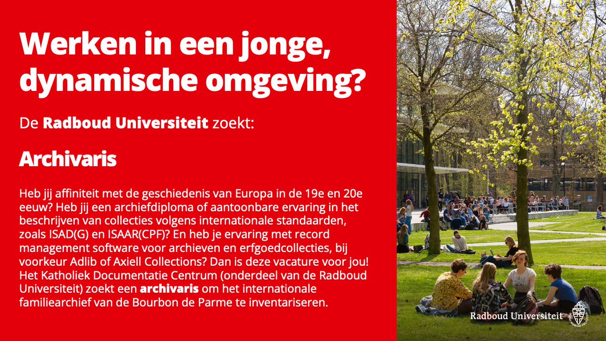 #vacature alert: Het KDC en <a href="/Radboud_Uni/">Radboud University</a> zoeken een #archivaris om het internationale familiearchief van de Bourbon-de Parme te inventariseren.

💡 Meer informatie: ru.nl/werken-bij/vac…

Reageren kan tot 16-01-2023

#jebentnodig #archief #erfgoed #geschiedenis