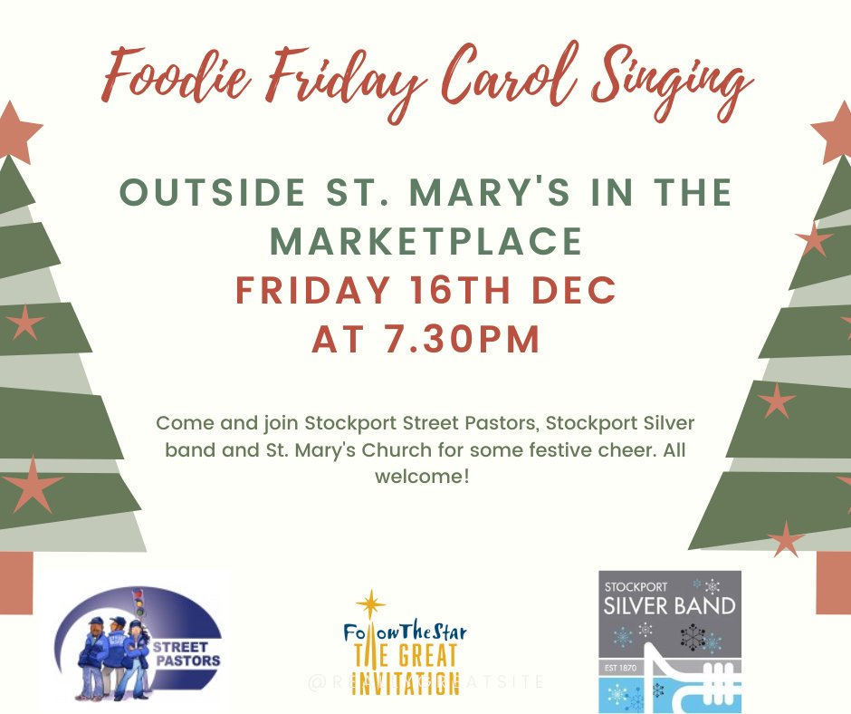 Looking forward to singing with <a href="/StockportSilver/">Stockport Silver</a> band and Stockport <a href="/StreetPastors/">Street Pastors</a> this Friday at <a href="/skfoodiefriday/">Foodie Friday at Stockport Market</a>. Come and join us from 7.30pm <a href="/SKOldTown/">Stockport Old Town</a>