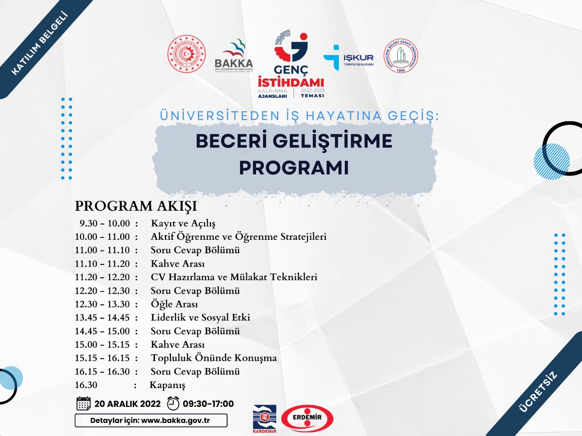 Katılım Belgeli, Aktif Öğrenme ve Öğrenme Stratejileri, CV Hazırlama ve Mülakat Teknikleri, Liderlik ve Sosyal Etki, Topluluk Önünde Konuşma başlıklarıyla "Üniversiteden İş Hayatına Geçiş: Beceri Geliştirme Programı" düzenlenecektir.
Ayrıntılı bilgi için; w3.beun.edu.tr/etkinlikler/un…