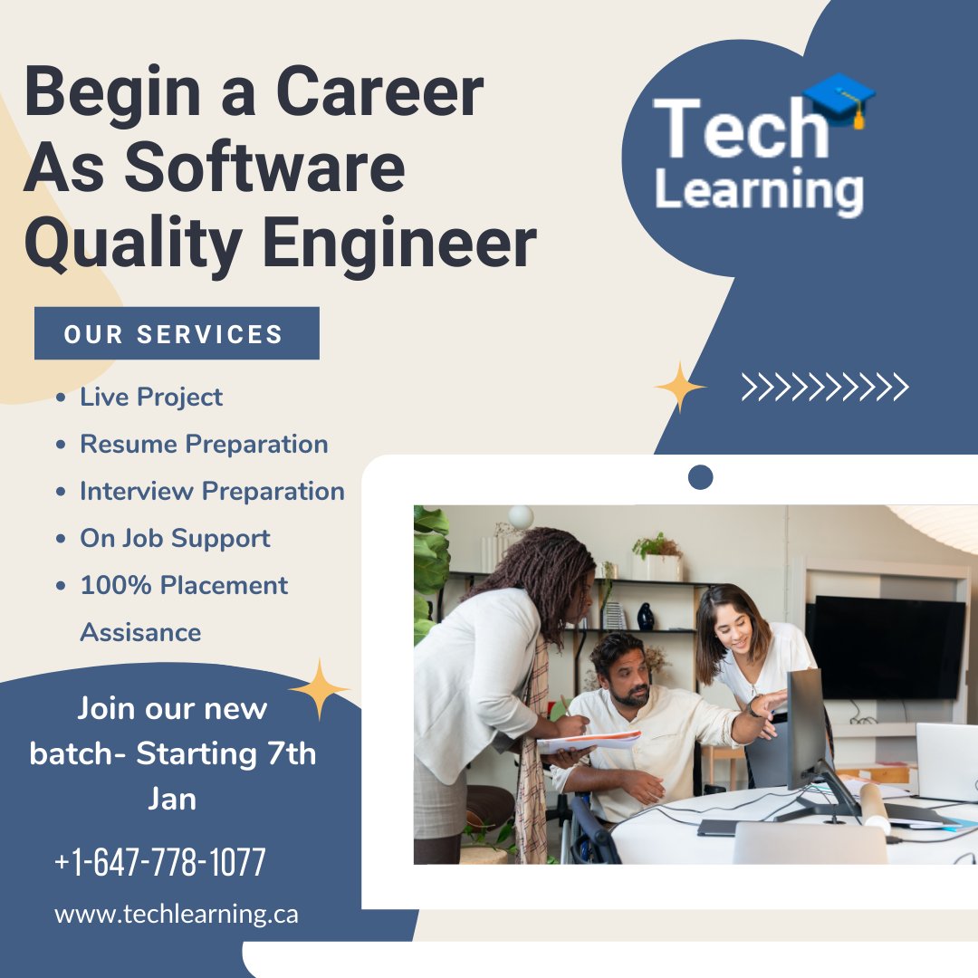 Techlearningca's tweet image. We have the headstart you need for launching your career in Software Quality Engineer.
Begin a #Career as #Software #QualityAnalyst!
Join our new batch-Starting 7th Jan
:
Enroll Now>>>
bit.ly/3US9hd3
Call>>> +1-647-917-5437