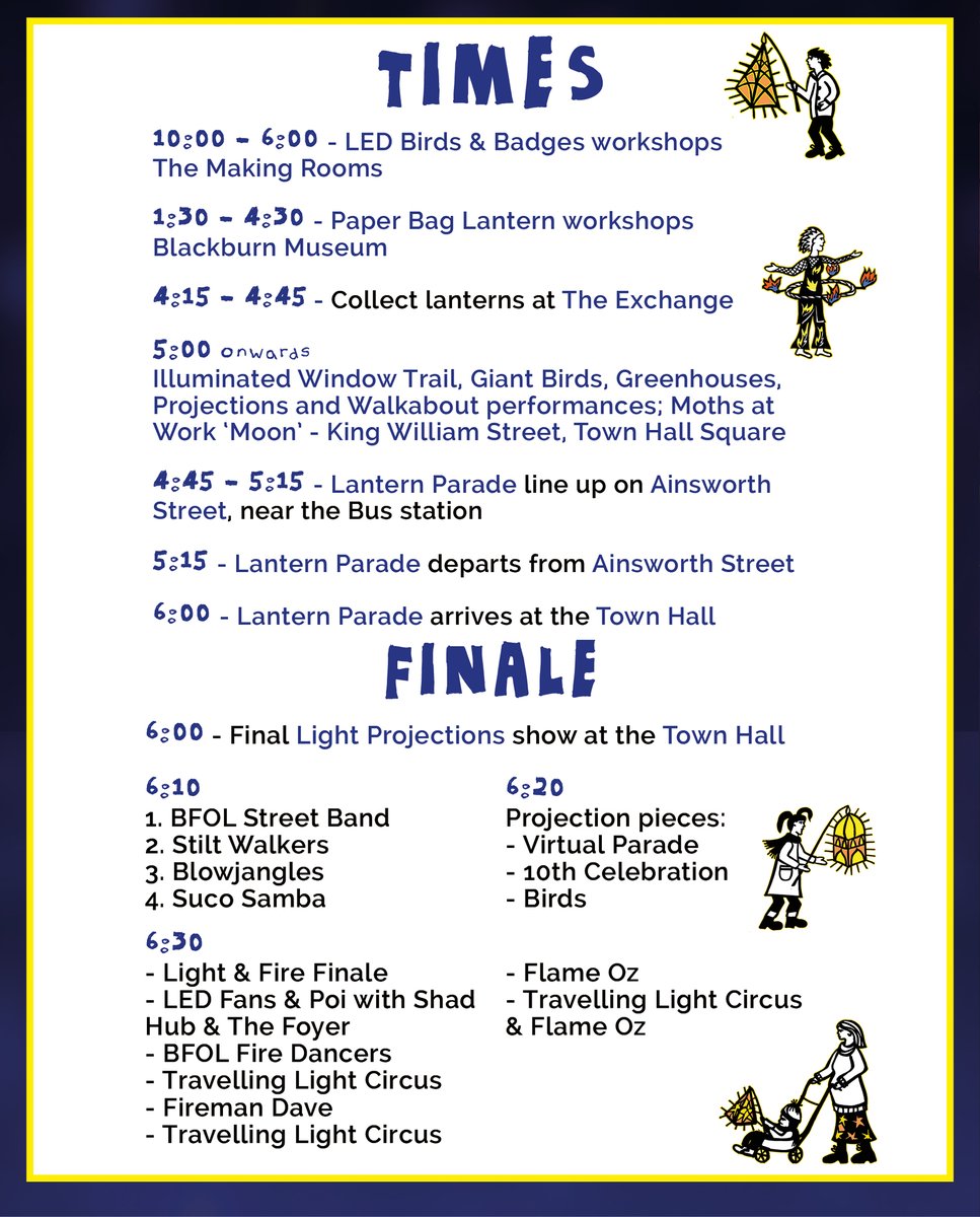 3 DAYS TO GO!! 🌟

Here's Saturday's timetable starting with workshops at 10am over at @themakingrooms! Lantern pickup (if you've made one) is 4:15 - 4:45pm over at #theexchangeblackburn.

We're excited to see you all there!

#blackburnfestivaloflight2022 #BFOL2022