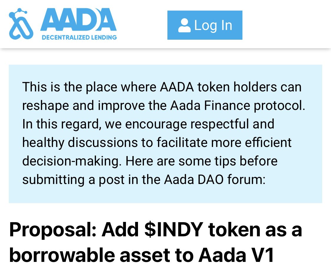 Defitheodds69's tweet image. @AadaFinance has proposed adding $indy as a borrowable assets to AADA V1. 

From my perspective, adding $indy as a borrowable assets is a great addition for AADA.

Head to AADA proposal forum and vote! 

#DEFITHEODDS

governance.aada.finance/t/proposal-add…