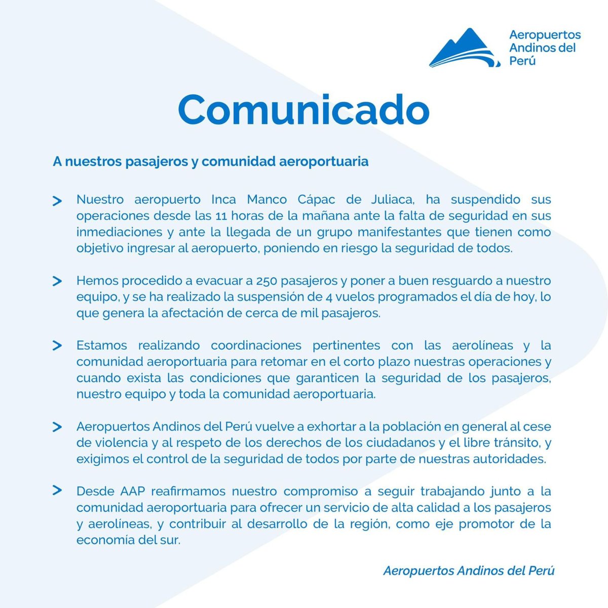 MTC_GobPeru's tweet photo. 🚨Atención Juliaca🚨 ¡Lo último!

#Puno Se cierra temporalmente el Aeropuerto de Juliaca como medida de prevención ante los actos de violencia, informó la concesionaria Aeropuertos Andinos del Perú. https://t.co/mSSVLPHnWg