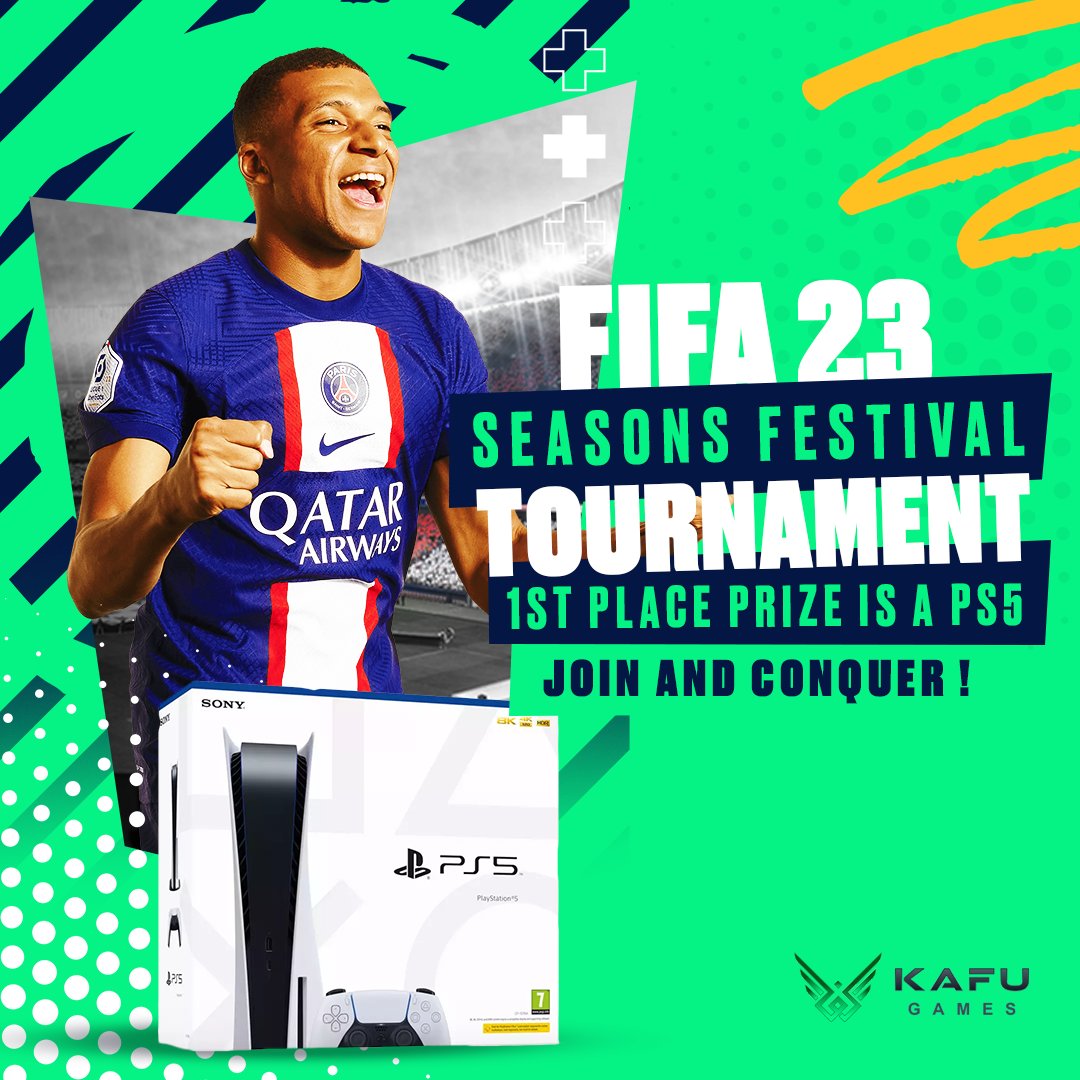 Play the hottest football game and win the ultimate prize.🔥 ⚽️
Conquer the #FIFA23  Seasons Festival Tournament for your chance to own a PS5!🎮

Register Now: bit.ly/3UP5EVb

#KafuGames #PlayStation