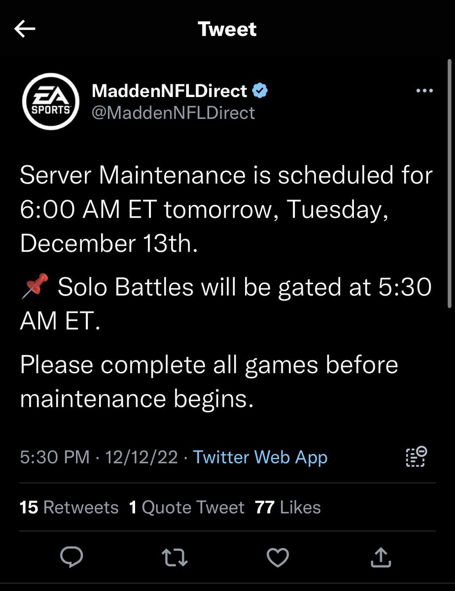DropEAMadden's tweet photo. Server maintenance at 6:00AM on December 13th.. in which at that time they took down the entire Madden Franchise servers.

14 hours later after that they finally give customers an update.. saying they are scheduling another maintenance..

Not a thing heard since.. #NFLDropEA https://t.co/JWcUJQQM71