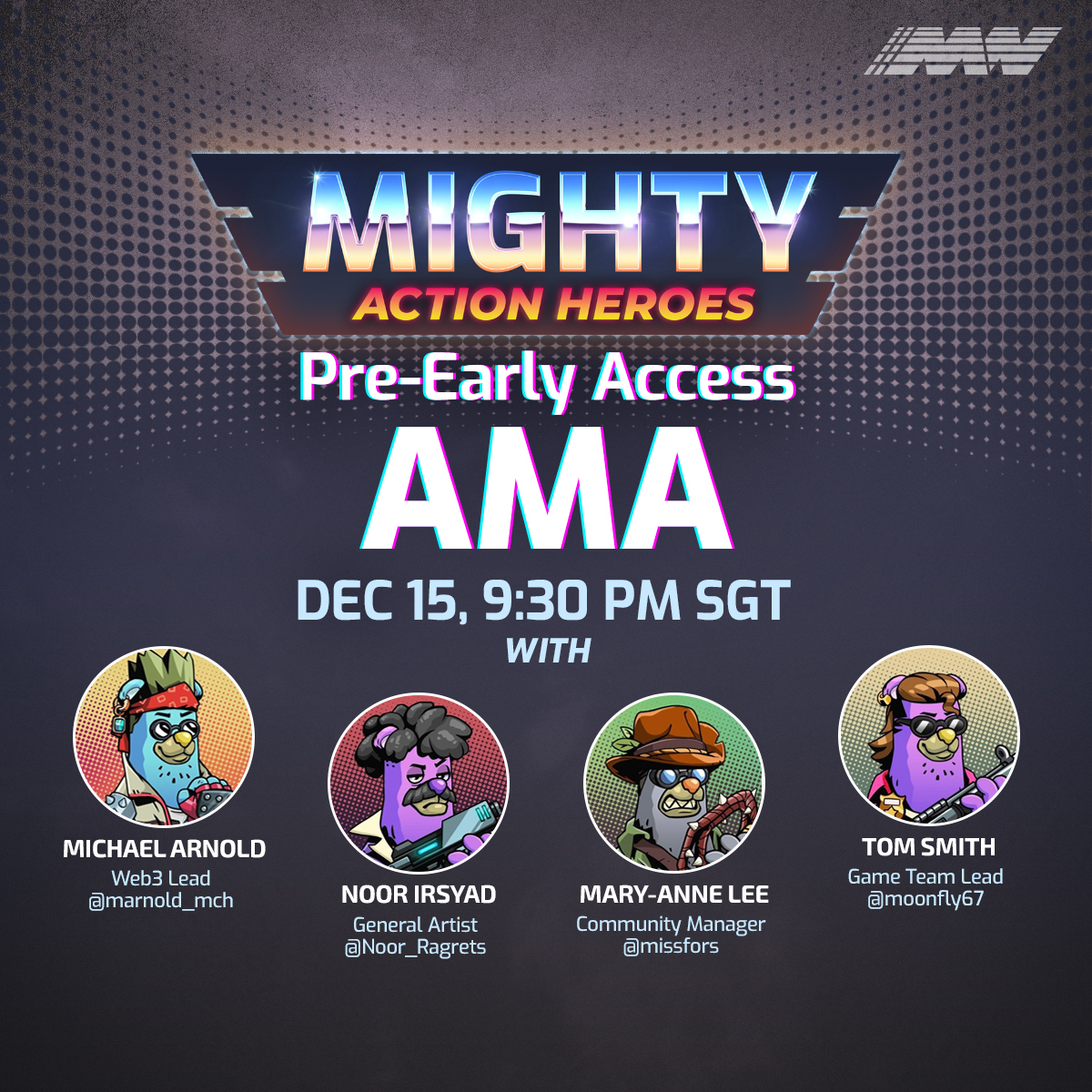 PlayMightyHero's tweet image. Have questions about what’s going on in Mighty Action Heroes this weekend and want to learn more about the game? Join @marnold_mch  @missfors  and special dev team guests, our game lead @moonfly67  and artist @noor_ragrets tomorrow at 1.30pm UTC for an AMA on our Twitter!