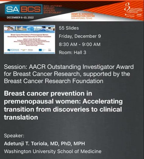 Congratulations to @NCIPrevention grantee Dr. Adetunji Toriola of @WUSTLpubhealth for receiving an @AACR Outstanding Investigator Award for the important topic of breast cancer prevention in premenopausal women. His presentation at @SABCSSanAntonio was excellent.