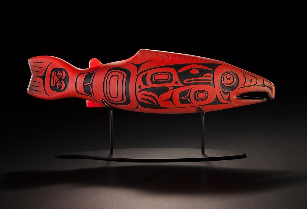 Spawning Salmon by Preston Singletary. Medium: Glass, 2013. Preston Singletary is an internationally reknowned glass artist who incorporates traditional Pacific Coast elements in his work.