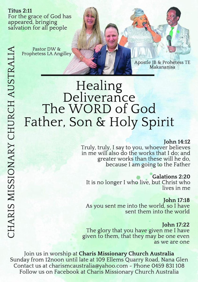 CmcCharis's tweet photo. CHARIS AUSTRALIA BRANCH under Pastor DW &amp; Prophetess LA Angilley

Sundays, 12:00 PM 'till late at 109 Ellems Quarry Road, Nana Glen for Healing, Deliverance and the Word of God.

Email: Charismcaustralia@yahoo.com

Phone: 0459 831 108
Facebook: Charis Missionary Church Australia https://t.co/UIg3mZLVMQ