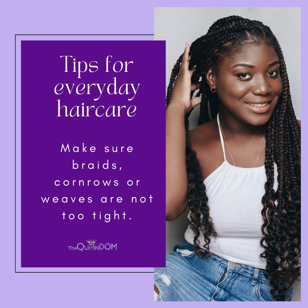 thequeendombbtx's tweet photo. Tip of the day to help keep hair healthy: Make sure braids, cornrows or weaves are not too tight. If it hurts while your hair is being styled, ask the stylist to stop and redo it. Pain equals damage. Source: https://t.co/fgTeGWaM0A #beautytipoftheday #healthyhair = #thequeendom https://t.co/gg0VwKpVsN