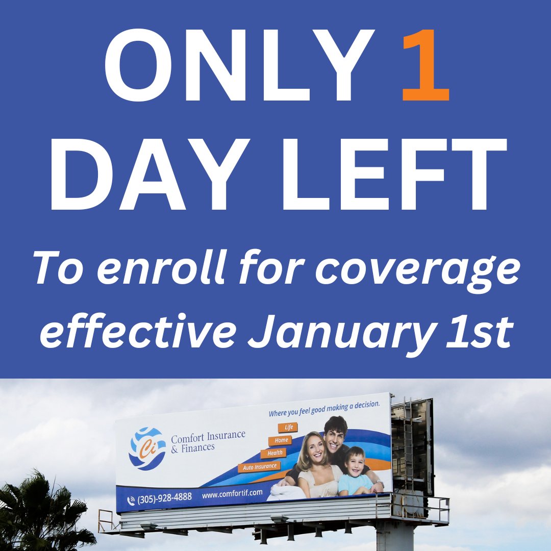 ComfortIF's tweet image. The last day to enroll for health insurance coverage effective January 1st is this Thursday, December 15th!

That's one day away, visit comfortif.com/health-insuran… for an easy quote, or call us at (305) 928-4888.

#ComfortInsurance #CoveredWithComfort #HealthInsurance #OpenEnrollment