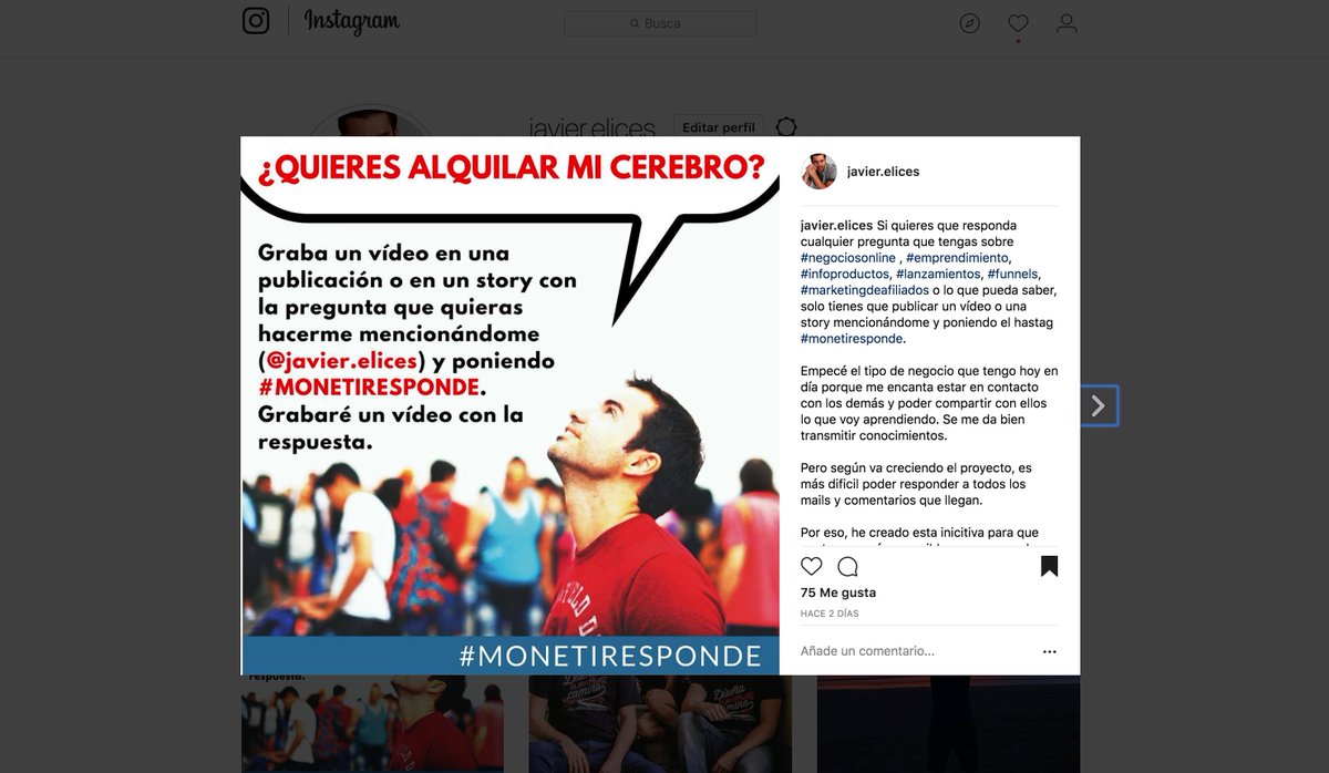 Ahora toda mi actividad la hago en Instagram, donde tengo iniciativas como la que ves en la imagen. Si quieres seguir todos los consejos que doy sobre Marketing, lo verás todo en instagram.com/javier.elices . Ahí te espero!