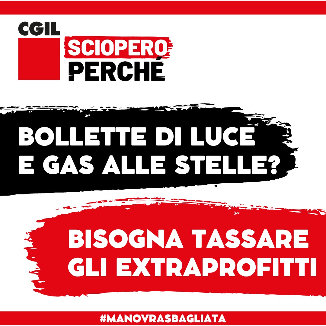 cgilnazionale's tweet image. 🟥 Bollette di luce e gas alle stelle? Bisogna tassare gli extraprofitti

👉#scioperoperché, le ragioni della protesta: bit.ly/3P55I1O
📍La mappa delle mobilitazioni in tutta Italia: bit.ly/3VSyPHC

#manovrasbagliata