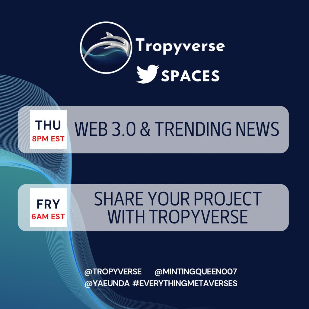 Tropyverse's tweet photo. Tropyverse Spaces

Evening + morning spaces every Thursday and Friday 

#tropyverse #tropychallenge #web3 #AI #avatar #SpacesHost https://t.co/x8d1iprpA7