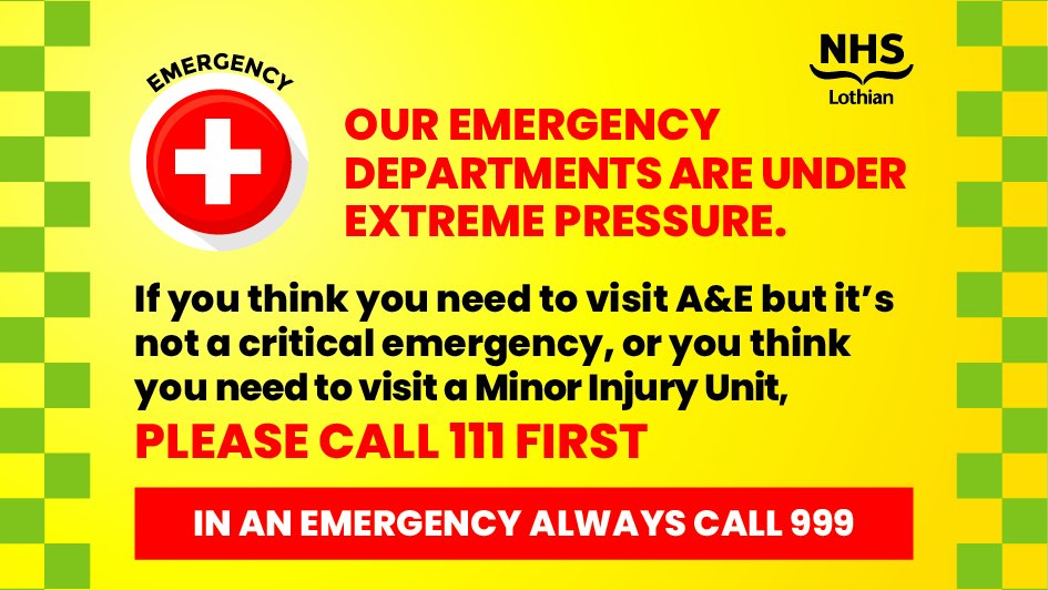NHS Lothian (@nhs_lothian) on Twitter photo ๐จNHS Lothian's Emergency Departments are under extreme pressure.
If it is not a critical emergency, you face a very long wait if you come to our Emergency Department. If it's not critical but you think you need to be seen, please call 111 to get to the right place for your care. ๐จNHS Lothian's Emergency Departments are under extreme pressure.
If it is not a critical emergency, you face a very long wait if you come to our Emergency Department. If it's not critical but you think you need to be seen, please call 111 to get to the right place for your care.