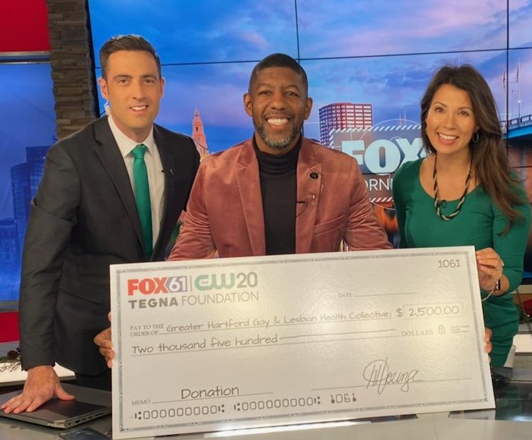 DisciplePRguy's tweet photo. Thank you @TEGNA, @keith_mcgilvery &amp; @ErikaAriasFOX61 from @FOX61News for presenting the @HGLHC with a check for $2,500 this morning. Your donation will allow for the Health Collective to continue to support our LGBTQIA+ community in Hartford and the region. #Philanthropy https://t.co/KBZdrI8cBC