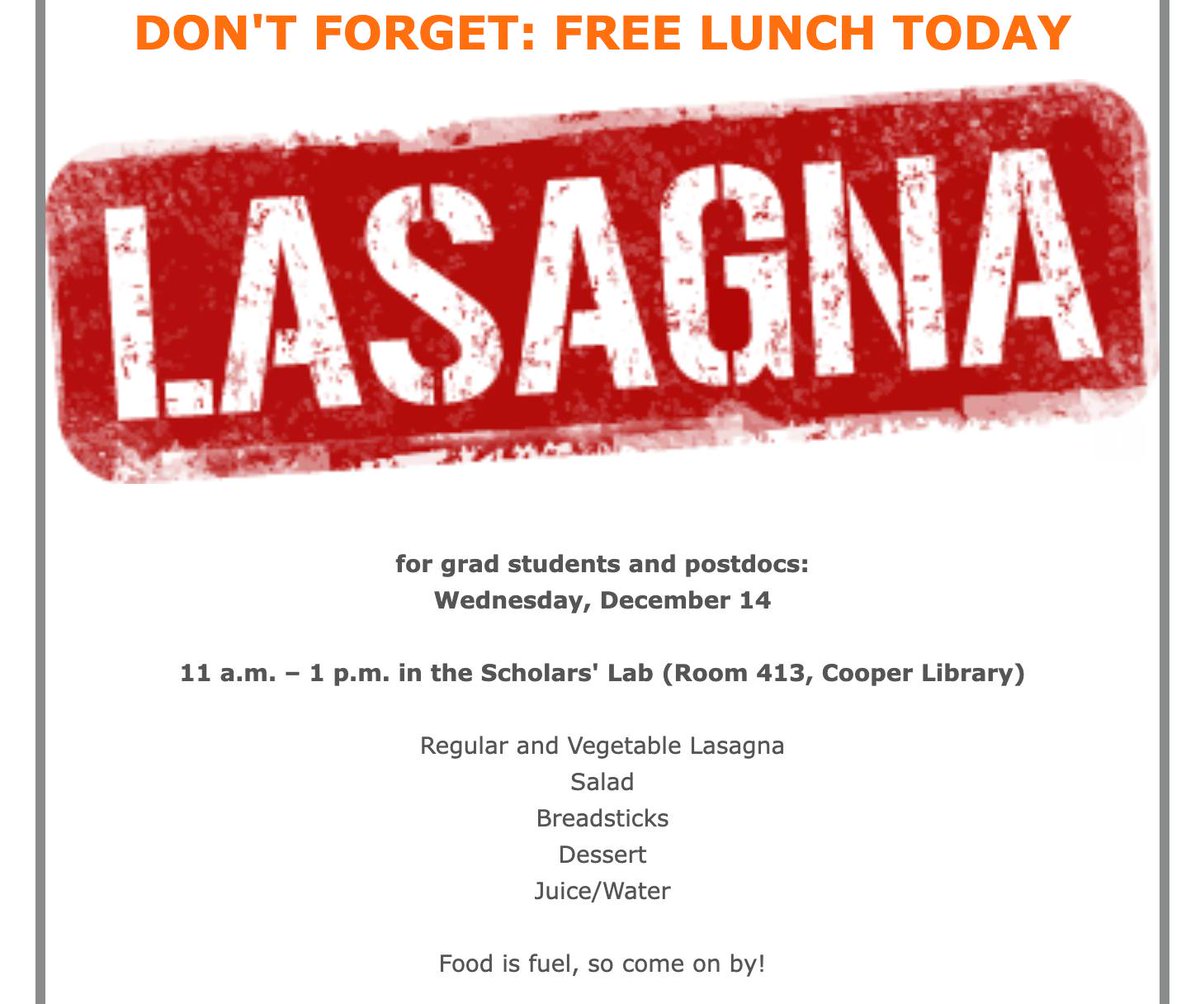 clemsonpostdocs's tweet image. Come stop by for a free lunch today! Lunch will be served from 11:00 am until 1:00 pm in Room 413 of Cooper Library.