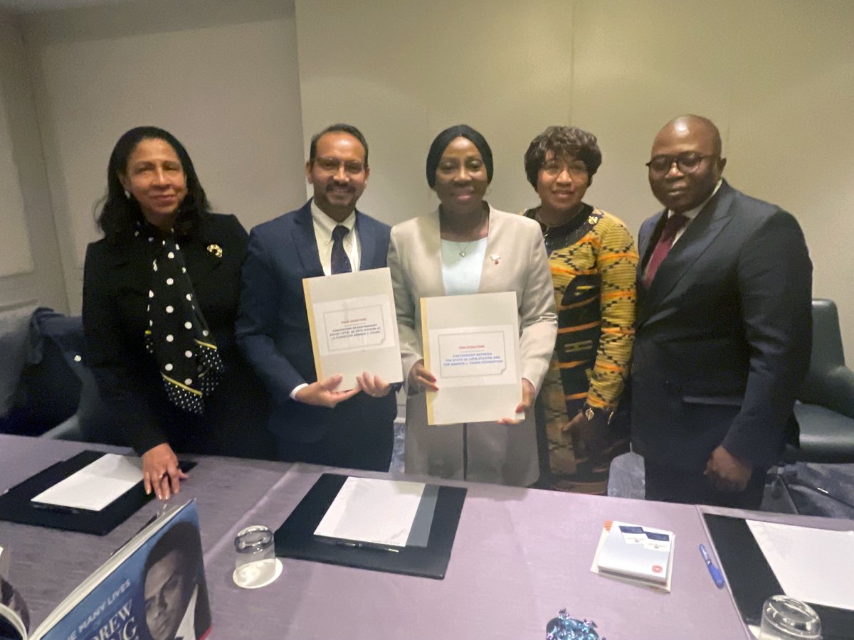 AmbAndrewYoung's tweet photo. Gaurav Kumar, President of the Andrew J. Young Foundation, represented us at a signing ceremony in Washington, DC, to formalize an agreement to partner with Côte d'Ivoire. We are working to help further the country's educational goals, including accreditation for a university. https://t.co/2WlkHVGoTi