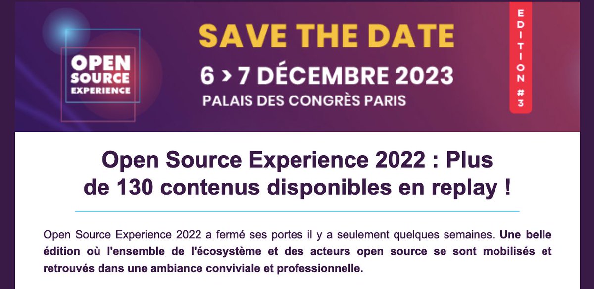 Open Source Experience (@osxp_paris) on Twitter photo 📰 𝗡𝗘𝗪𝗦𝗟𝗘𝗧𝗧𝗘𝗥 - 𝗗𝗘𝗖𝗘𝗠𝗕𝗥𝗘 𝟮𝟬𝟮𝟮
Découvrez notre dernière #newsletter de l'année !➡️bit.ly/3j2aoJZ
Flashback sur #OSXP2022 et toute l'actu de l'écosystème #opensource !🌐
Bonne lecture !
✅Abonnez-vous ici 👉bit.ly/3WkWNeO 📰 𝗡𝗘𝗪𝗦𝗟𝗘𝗧𝗧𝗘𝗥 - 𝗗𝗘𝗖𝗘𝗠𝗕𝗥𝗘 𝟮𝟬𝟮𝟮
Découvrez notre dernière #newsletter de l'année !➡️bit.ly/3j2aoJZ
Flashback sur #OSXP2022 et toute l'actu de l'écosystème #opensource !🌐
Bonne lecture !
✅Abonnez-vous ici 👉bit.ly/3WkWNeO