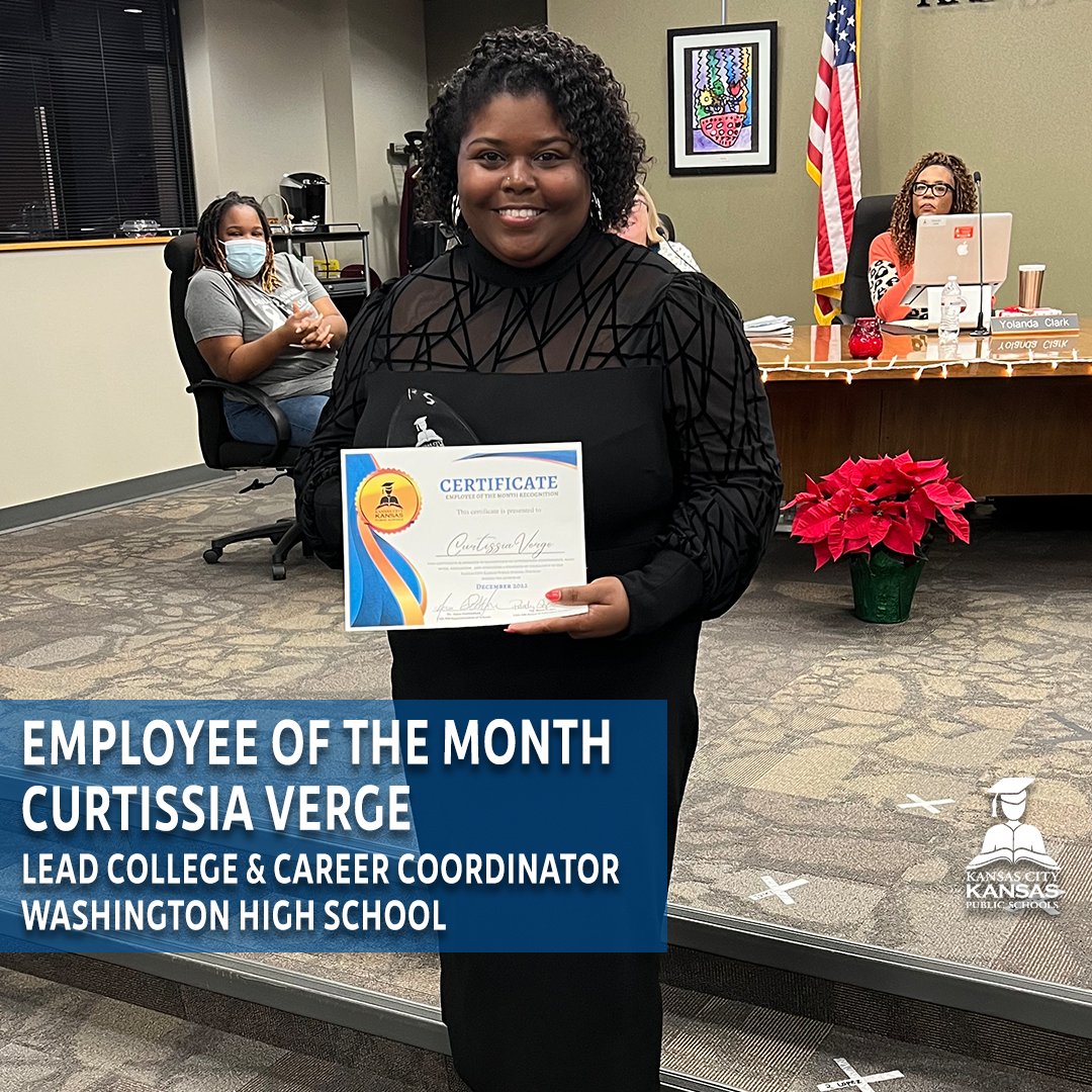 kckschools's tweet photo. Celebrating our December Employee of the Month! 🥳 Congratulations to the @wash_kc Lead College and Career Coordinator. #IamKCKPS https://t.co/zUOxMqj8mM