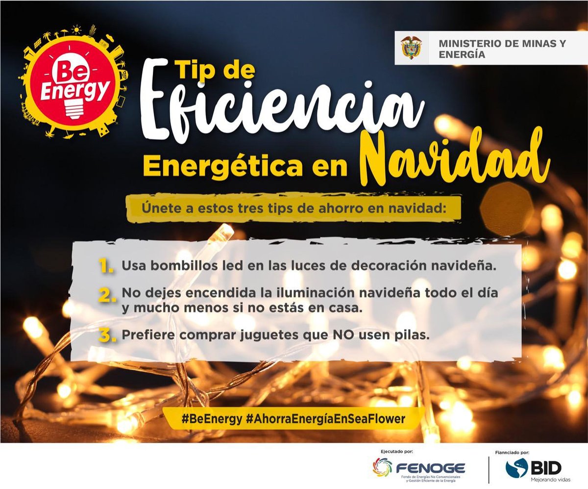 En esta navidad, tendemos a dejar conectados muchos de nuestros adornos navideños, como luces, arbolitos y demás.  Si no los estás utilizando o no estás en casa, desconéctalos.  #BeEnergy <a href="/FondoFenoge/">FENOGE</a> <a href="/MinEnergiaCo/">Minenergía</a> y <a href="/el_BID/">Banco Interamericano de Desarrollo</a>.  
#Seaflower #BuenaEnergía #SomosTerritorioFENOGE