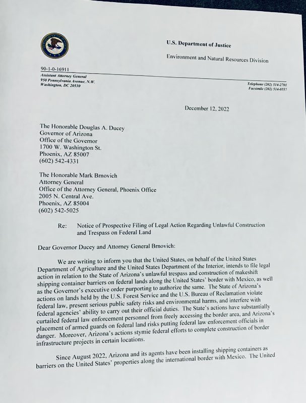 AliBradleyTV's tweet photo. #BREAKING Sources confirm no more work will be done on Gov. @DougDucey’s shipping container barrier in the Coronado National Forest following a @TheJusticeDept injunction—This comes after protesters blocked crews for over a week.
No word on if the containers will be removed. https://t.co/HG50tLnvWY