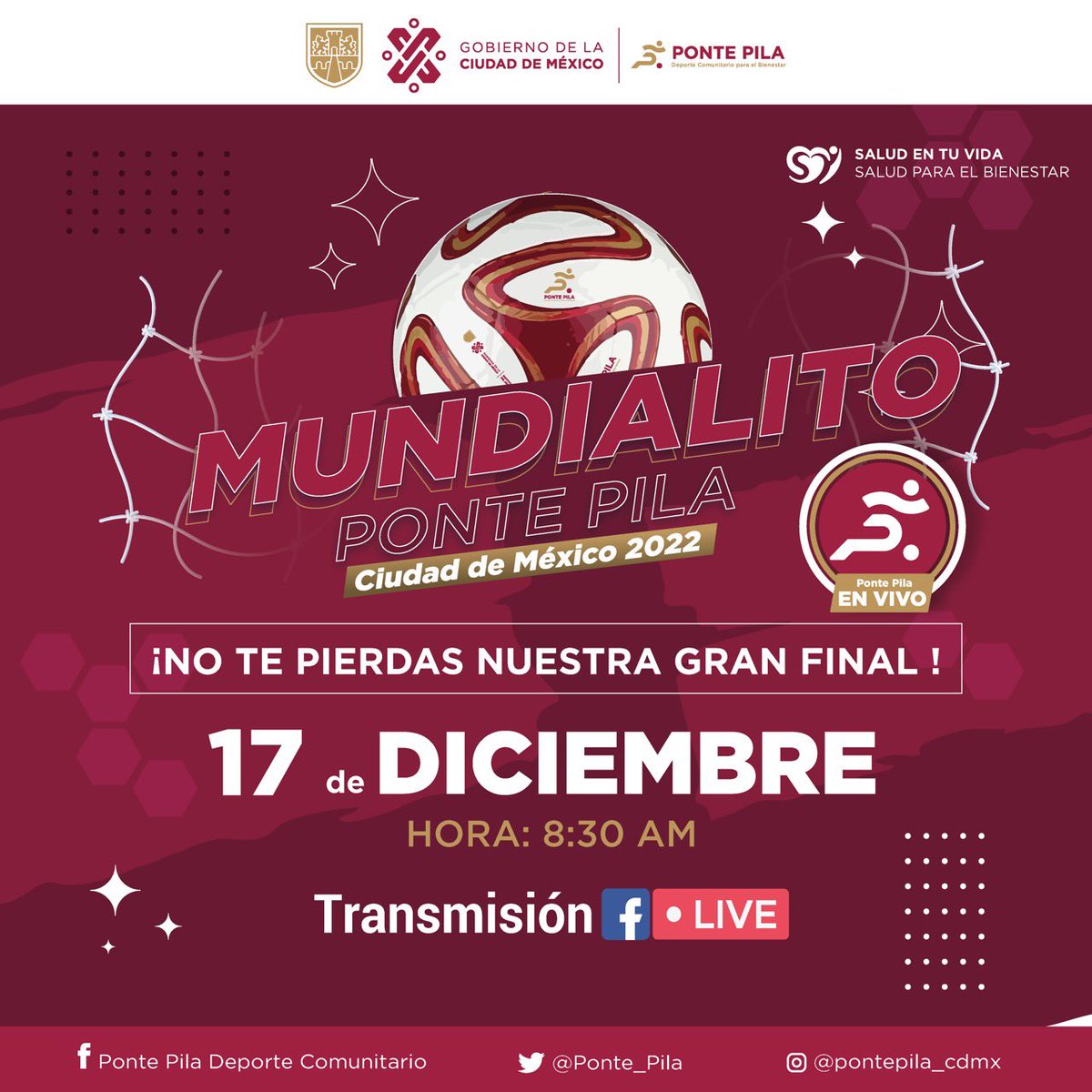 Ponte_Pila_'s tweet photo. Este sábado 17 de Diciembre tendremos la Gran Final del Mundialito #PontePila, no te pierdas la transmisión #EnVivo por nuestra página de Facebook en punto de las 8:30 horas. 
#PontePila pon #SaludEnTuVida https://t.co/jvQyzbDdVv