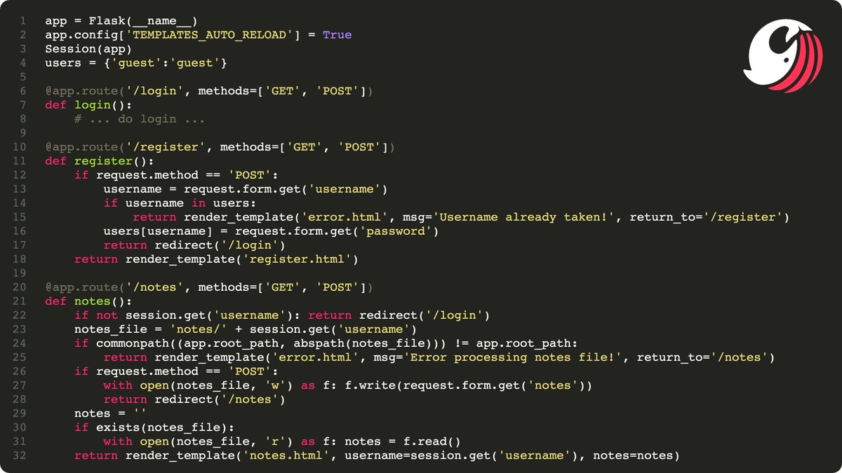Sonar_Research's tweet image. Can you spot the vulnerability? #codeadvent2022 #Python
Some types of vulnerabilities can be leveraged by an attacker in unusual situations. Can you determine how to exploit this application and get a shell?
sonarsource.com/knowledge/code…