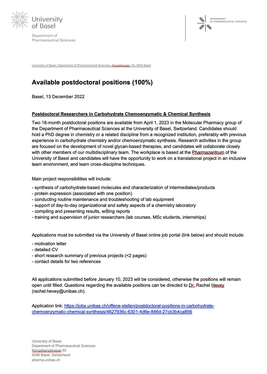 Rachel Hevey (@drrachelhevey) on Twitter photo Join our team!! 
Xmas came early in the form of a grant 😁 
We are looking to fill TWO postdoc positions in chemoenzymatic and/or carbohydrate synthesis, with a focus on developing new glycan-based antimicrobial therapies. 
#GlycoTime #ChemPostdoc
 
More info in thread 👇👇👇 Join our team!! 
Xmas came early in the form of a grant 😁 
We are looking to fill TWO postdoc positions in chemoenzymatic and/or carbohydrate synthesis, with a focus on developing new glycan-based antimicrobial therapies. 
#GlycoTime #ChemPostdoc
 
More info in thread 👇👇👇